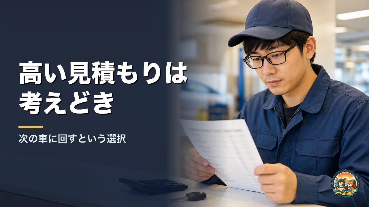 作業服と帽子の男性が、車検の見積もり書を手に取って考え込んでいる。机には電卓と車の鍵