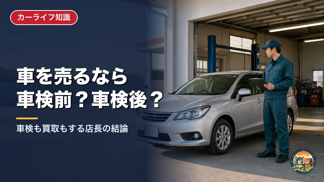 小さなガソリンスタンドの整備場の前に止めた銀色のコンパクトカーを、作業服の店員がクリップボードを持って確認している
