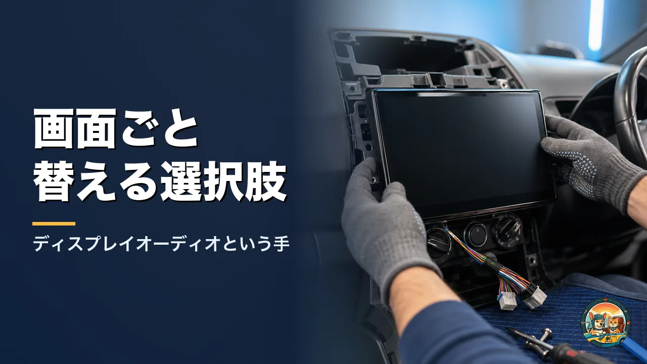 作業用の手袋をはめた手で、車のダッシュボードに大きなディスプレイを取り付けている。下に配線が見える