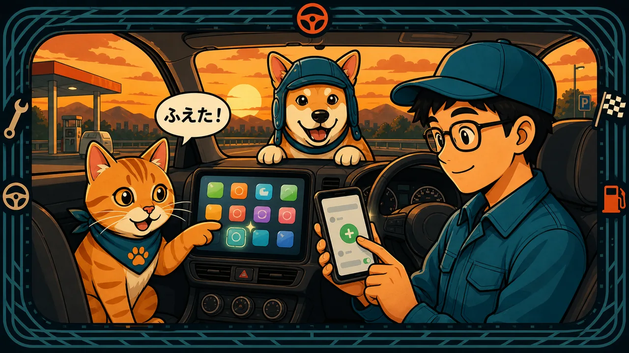 夕方の車の中で、作業帽の男性がスマートフォンの＋ボタンを押すと、車の画面にアプリが増え、バンダナのトラ猫が「ふえた！」と指さし、帽子の柴犬が後ろからのぞき込んでいるイラスト